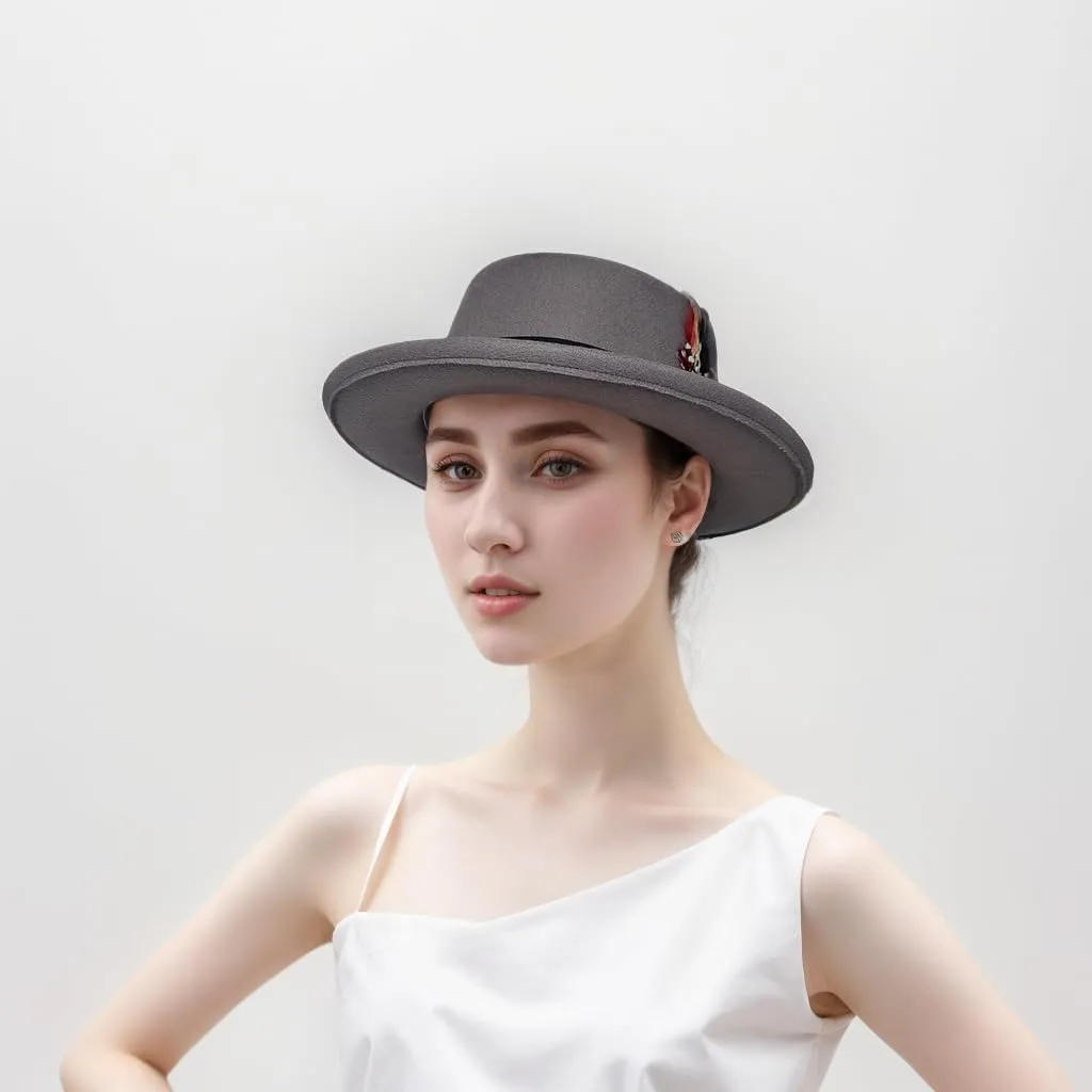 Wool Felt Fedora Hats for Women Men, Wide Brim Flat Top Hat Porkpie Hat, Jazz Hat with Feather Unisex