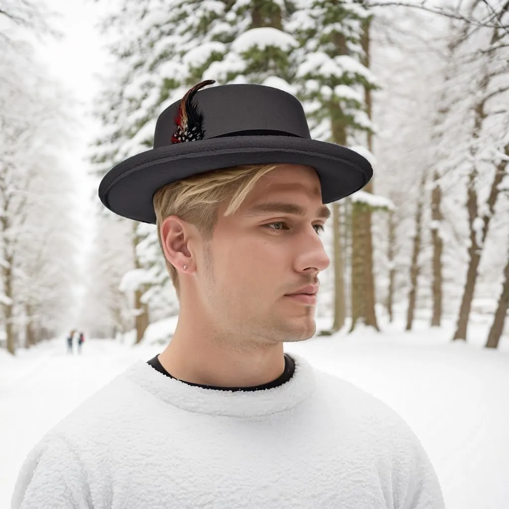 Wool Felt Fedora Hats for Women Men, Wide Brim Flat Top Hat Porkpie Hat, Jazz Hat with Feather Unisex