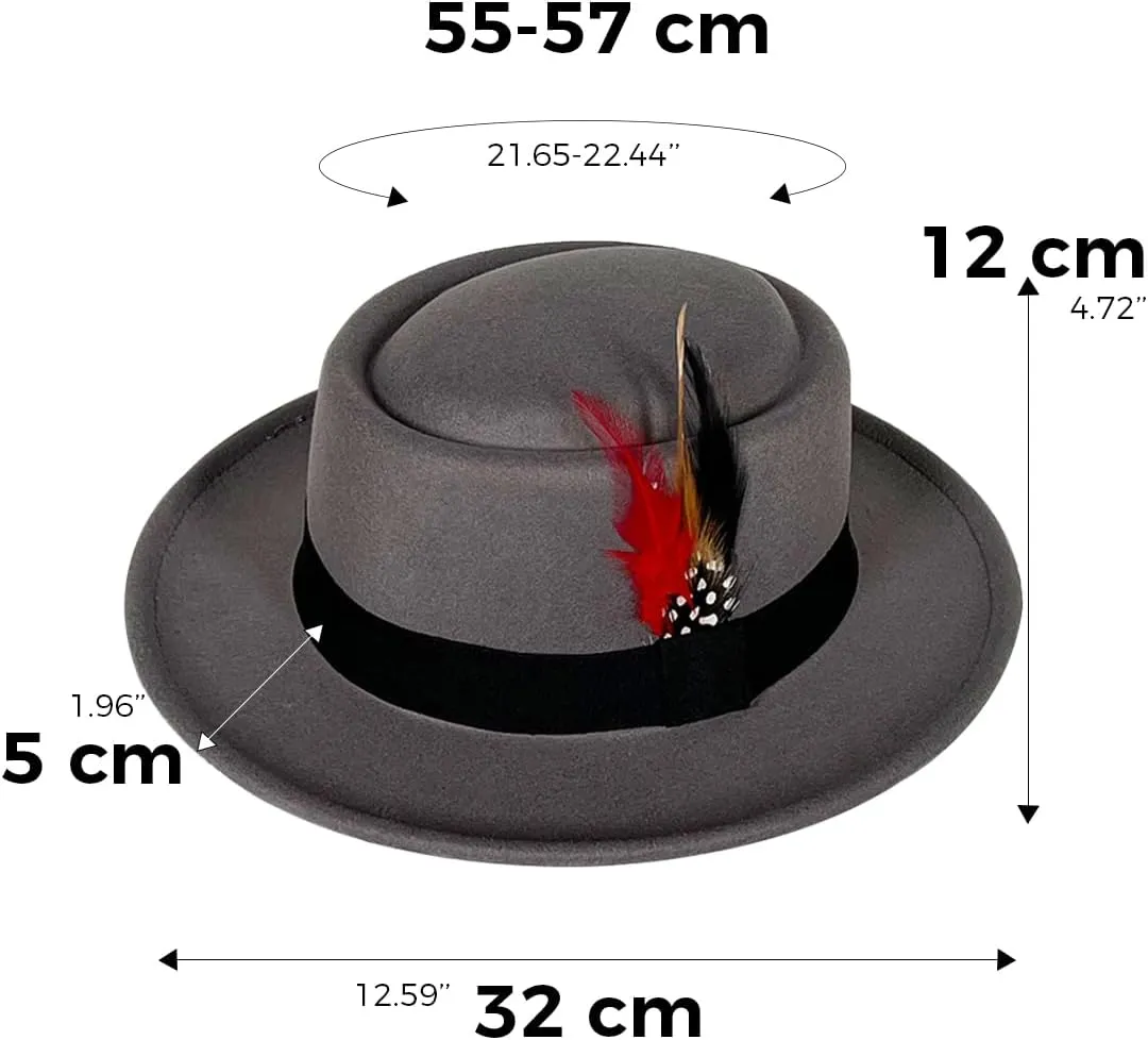 Wool Felt Fedora Hats for Women Men, Wide Brim Flat Top Hat Porkpie Hat, Jazz Hat with Feather Unisex