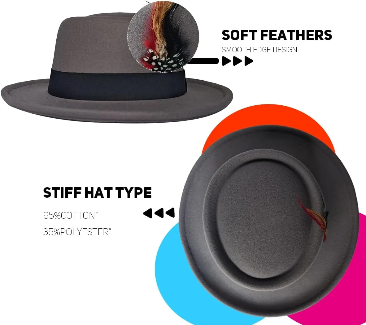 Wool Felt Fedora Hats for Women Men, Wide Brim Flat Top Hat Porkpie Hat, Jazz Hat with Feather Unisex