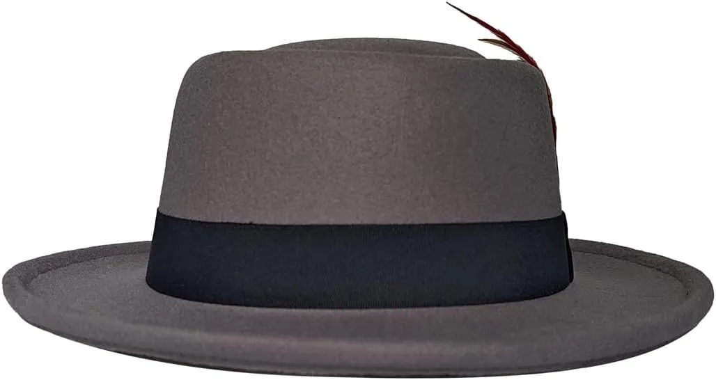 Wool Felt Fedora Hats for Women Men, Wide Brim Flat Top Hat Porkpie Hat, Jazz Hat with Feather Unisex
