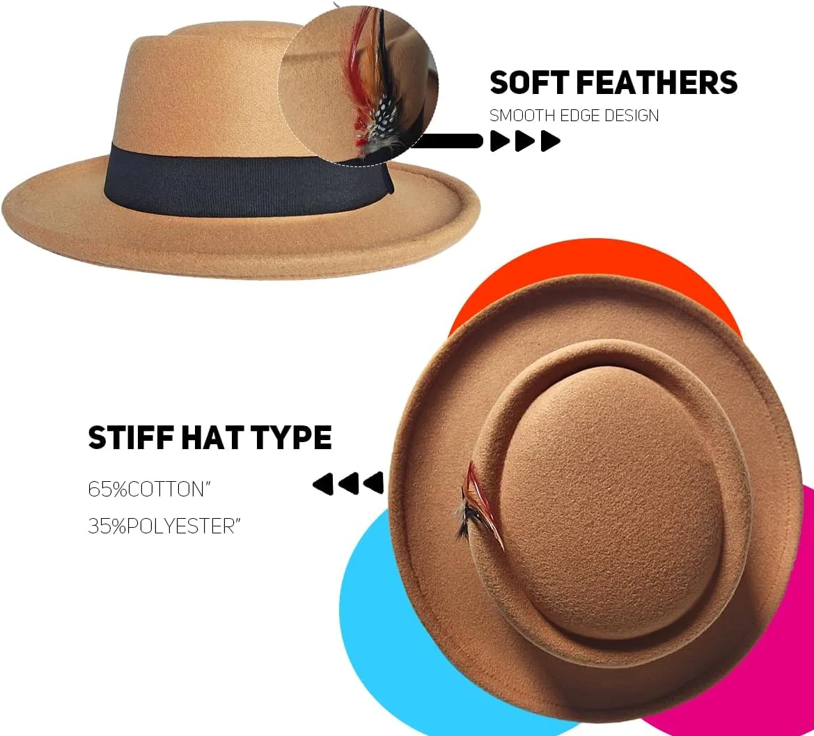 Wool Felt Fedora Hats for Women Men, Wide Brim Flat Top Hat Porkpie Hat, Jazz Hat with Feather Unisex