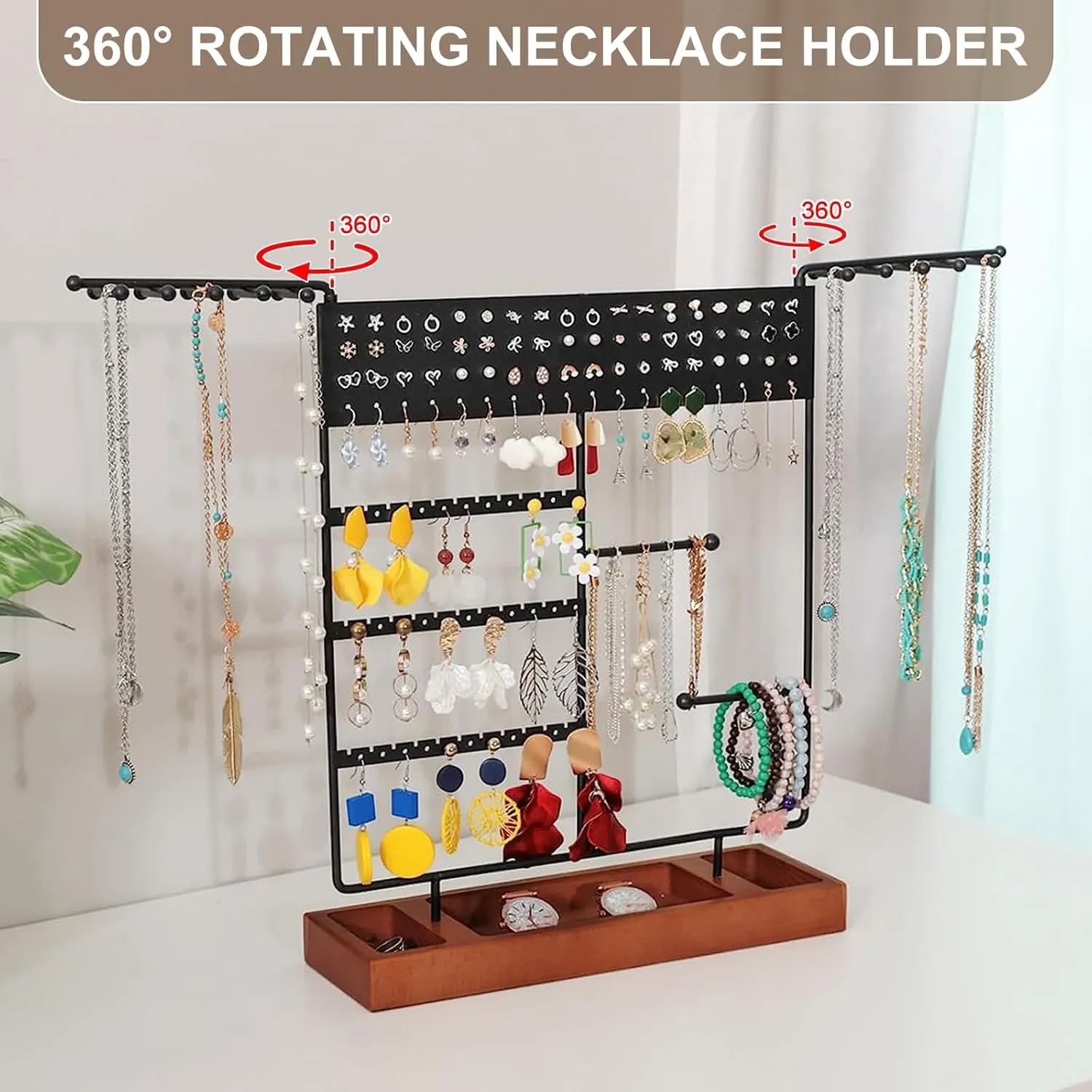 X-cosrack Earring Holder, Ear Stud Organizer with Wooden Tray,Earring Display Stand with 360?? Rotating Necklace Holder,Jewelry Organizer Stand for Earrings Bracelets Watches and Rings,Black