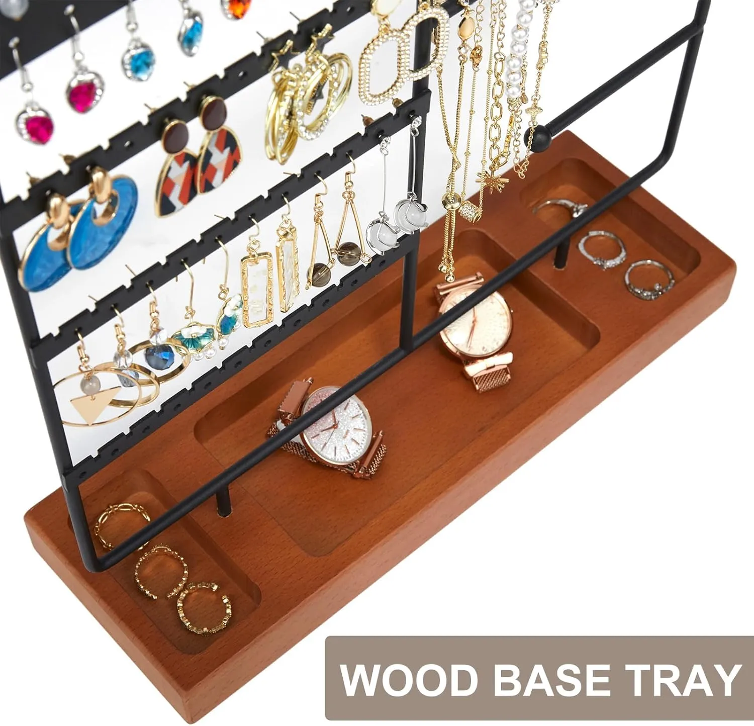 X-cosrack Earring Holder, Ear Stud Organizer with Wooden Tray,Earring Display Stand with 360?? Rotating Necklace Holder,Jewelry Organizer Stand for Earrings Bracelets Watches and Rings,Black