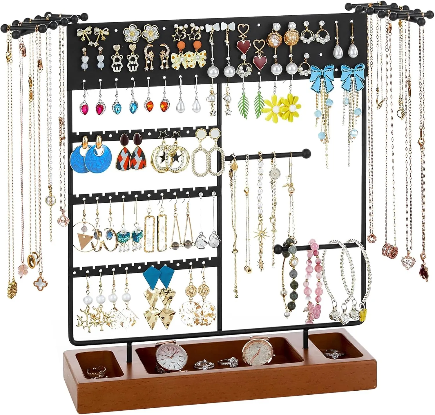 X-cosrack Earring Holder, Ear Stud Organizer with Wooden Tray,Earring Display Stand with 360?? Rotating Necklace Holder,Jewelry Organizer Stand for Earrings Bracelets Watches and Rings,Black