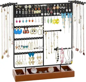 X-cosrack Earring Holder, Ear Stud Organizer with Wooden Tray,Earring Display Stand with 360?? Rotating Necklace Holder,Jewelry Organizer Stand for Earrings Bracelets Watches and Rings,Black